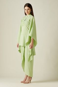 Buy Green Silk Tissue Embroidery Sequins Mandarin Pebble Kaftan And Draped Skirt Set For Women by Aakaar Online at Aza Fashions. Embroidered Kaftan, Draped Sleeves, Drape Sleeves, Draped Skirt, Power Dressing, Pattern Embroidery, Green Sequins, Fabric Silk, Draped Fabric