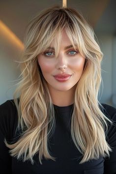 29 Long Layered Hair With Curtain Bangs Styles That Turn Heads Long Extensions With Bangs, Bangs With Layered Hair Medium, Blonde Hair With Curtain Bangs Medium, Long Hair Bangs Layers, Blond Curtain Bangs, Layered Long Hair With Bangs, Layered Hair With Curtain Bangs, Curtain Bangs Side Part, 2024 Haircuts