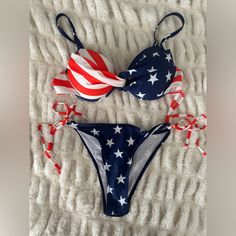 Nwot. Red White And Blue Bikini. Padded Top. Clasp Back. Bottoms Tie. Cheeky Bottoms. Patriotic Blue Swimwear For Vacation, Patriotic Blue Swimwear For Beach Season, Patriotic Blue Swimwear For Poolside, Blue Summer Swimwear For 4th Of July, Patriotic Blue Swimwear For 4th Of July, Patriotic Blue Swimwear For Beach, Patriotic Blue Swimwear For The Beach, Patriotic Fitted Swimwear For 4th Of July, Blue Triangle Top Swimwear For 4th Of July