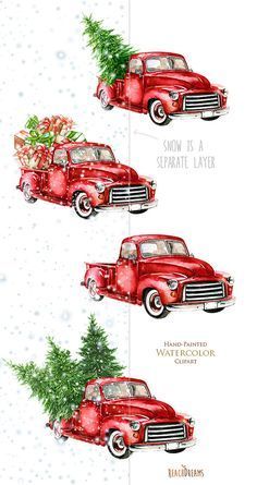 an old red truck with a christmas tree in the back and three pictures of it