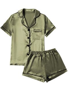 PRICES MAY VARY. Material: Pajama set is made of Premium 95%Polyester+5%Spandex satin fabric.Ultra soft silk pajamas for women, lightweight and Skin-friendly. Features: 2 Piece Pajama Set featuring classic sleepwear style.Short sleeve sleepwear with notch collar,button front pajamas shirt and one chest pocket design. Pajama shorts for women with soft elastic waist that fits for any body size and makes relaxing as comfort as possible. Match: Casual nightwear but in fashion way! You really need pa Pijama Satin, Satin Pajamas Set, Silk Pjs, Floral Pajama Set, Silky Pajamas, Satin Pj Set, Pyjama Satin, Classic Pajamas, Satin Set