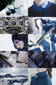 a collage of blue and black images with clouds, mountains, water bottles, and people