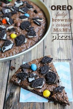 an oreo fudge brownie and caramel m & m's pizza