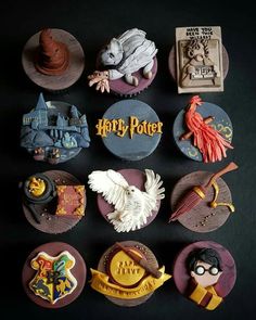 harry potter cupcakes are arranged on top of each other