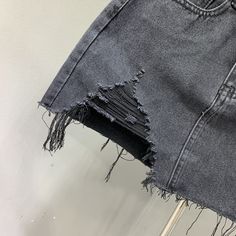 Black Distressed Raw Edge Denim Skirt | Isa - STAYC Black S Pleated Skirt Winter, Floral Chiffon Skirt, Ripped Denim Skirts, Tulle Mini Skirt, Kpop Dress, Pleated Denim Skirt, Strap Skirt, Fashion Chingu, Tie Skirt