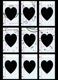 four different heart shapes on lined paper with writing in the middle and two hearts at the bottom