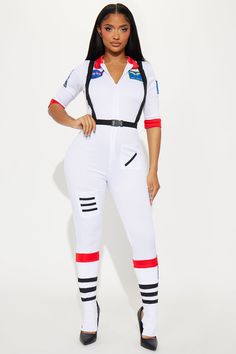 Available In White/combo. 3 Piece Halloween Costume Astronaut Inspired Style With Stilettos For The Perfect Look! Includes Jumpsuit, Socks & Back Straps Front Zip Up Detail Final Sale 100% Polyester Imported California Proposition 65 WARNING: Cancer and Reproductive Harm - www.P65Warnings.ca.gov. | All Star Astronaut 3 Piece Costume Set in White size XL by Fashion Nova Astronaut Costume, Birthday Shots, Womens Costumes, Women's Costumes, Shot Glasses, Matching Dresses, Halloween Costume, All Star, 3 Piece