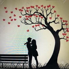 a couple kissing under a tree with hearts flying from it