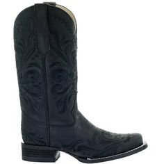 Elegant, classic, and beautiful. This is the ideal black boot with sensual embroidery that highlights your silhouette. Along the length of the 11-inch shaft is a black embroidery pattern that highlights the elegance. This beautiful boot should be in any closet. Size: 9B.  Gender: female.  Age Group: adult. Corral Boots Womens, Square Toe Cowboy Boots, Women Casual Flats, Corral Boots, Casual High Heels, Boot Pulls, Boots Square Toe, Dressy Shoes, Black Embroidery