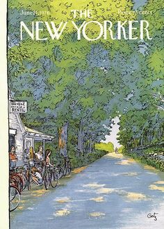 the new yorker magazine cover shows people riding bicycles down a road in front of a tree - lined street