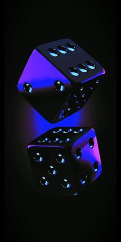 two black dices with blue and purple lights on them are stacked in the air