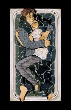 a drawing of two people hugging each other in front of a stained glass window,