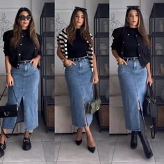 denim skirt is a versatile piece . you can wear your denim skirt in different ways Skirt Outfit Ideas Winter, Jeans Skirt Outfit Winter, Denim Skirt Winter Outfit, Long Denim Skirt Outfit Ideas, Modest Denim Skirt Outfit, Denim Skirt Outfit Winter, Denim Skirt Outfit Ideas, Looks Total Jeans, Long Denim Skirt Outfit