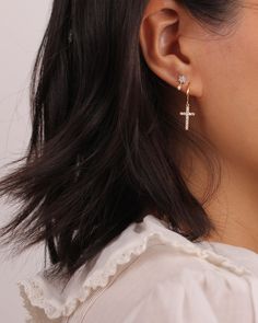 Dainty Gold / Silver Hoop Dangling CZ Pave Cross Earrings ◇ Earring measures approx.:2.7cm - total length Please note handmade earrings vary slightly ◇These earrings will arrive in an eco-friendly jewelry paper box, making it a nice gift to give a friend or keep for yourself. ◆ View more EARRINGS https://www.etsy.com/shop/eplusfjewelry?section_id=13190709 ◆ View ALL ITEMS https://www.etsy.com/shop/EFHANDMADEJEWELRY shop policies: https://www.etsy.com/your/shops/EFHANDMADEJEWELRY/policies All des Cheap Single Cross Earring, Stacking Earrings, Dangle Cross Earrings, Second Hole Earrings, Piercing Inspo, Cross Gold, Stacked Earrings, Hoops Gold, Jewelry Accessories Ideas