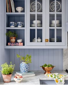 a kitchen with blue cabinets and white dishes on the counter top, including green plants