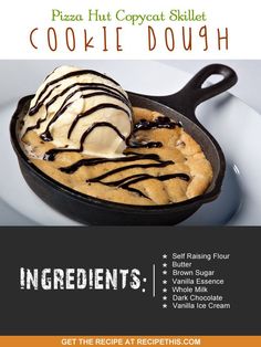 a flyer for an ice cream parlor with a scoop of ice cream on top of a skillet