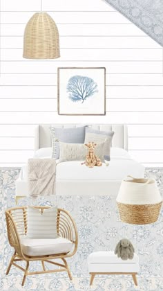 a bedroom with blue and white wallpaper, wicker chair, rattan lamp, bedding, and rugs