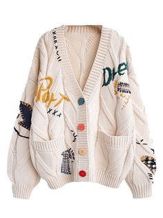 Oversized Embroidery Knit Cardigan - AnotherChill Dik Vest, Patchwork Cardigan, Embroidered Cardigan, Embroidered Sweater, Embroidery Fashion, Oversized Cardigan, Loose Sweater, Knit Fashion, Wool Blend Sweater