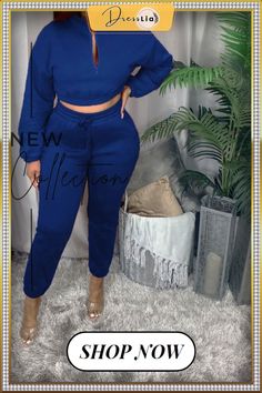 Winter Solid Long Sleeve Crop Top Pants Sportwear Matching Set Casual Solid Two-piece Bottoms, Casual Blue Two-piece Bottoms, Casual Two-piece Bottoms For Fall, Casual Blue Two-piece Bottoms Set, Casual High Waist Two-piece Set, Casual High Waist Fall Sets, Casual High-waisted Two-piece Set, Casual High Waist Sets For Fall, Casual Loungewear Two-piece Pants Set