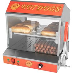 hot dogs and buns are being cooked in an electric counter top oven with the word hotdogs on it