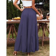 Navy Blue High Waist Cotton Loose Casual Pants Casual Blue Solid Color Bottoms, Casual Solid Blue Bottoms, Casual Blue Bottoms, Chic Blue Ankle Pants For Day Out, Denim Blue Ankle-length Pants For Summer, Blue High Waist Wide Leg Pants With Pockets, Blue Solid Wide Leg Pants For Spring, High Waist Wide Leg Pants With Pockets For Vacation, Denim Blue Bottoms For Summer