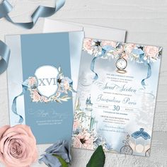 two wedding cards with roses and ribbon on them, one is blue and the other is pink