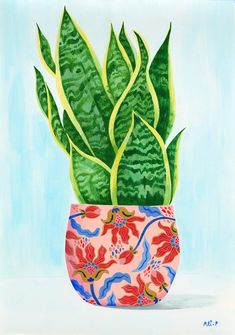 a painting of a potted plant with green leaves and red flowers in it on a blue background