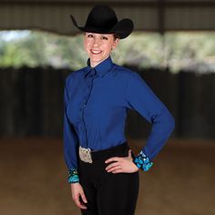 Cowgirl Royalty Solid Show Shirt with Printed Cuffs | Schneiders Saddlery Fitted Button-up Shirt For Western-themed Events, Western Style Long Sleeve Shirt For Western-themed Events, Cowgirl Button Up Shirt, Western Collared Shirt With Button Closure, Blue Western Shirt With Button Closure, Country Girl, Moisture Wicking Fabric, Cowboy Hats, Down Shirt