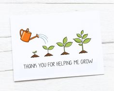 thank you for helping me grow card with watering can and sprouts on it