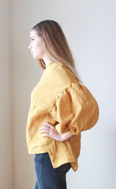 "Sunset orange are in limited quantity! This princess puffy sleeves blouse \"Chloe\" is in trend now. Take advantage now before you see it everywhere and get sick of it. Here's how. Blouse is made from pure softened prewashed Baltic linen to ensure no shrinkage after the first wash. Backside is longer then front for 7cm. Blouse is owersize fit and it's gives you freedom of movement with elegance and femininity. Linen fabric is made in Latvia, Europe. Please bear in mind that photo may slightly d Puffy Sleeves Blouse, Sick Of It, Linen Top Women, Womens Blouses, Sunset Orange, Sleeves Blouse, Linen Blouse, Loose Blouse, Puffy Sleeves