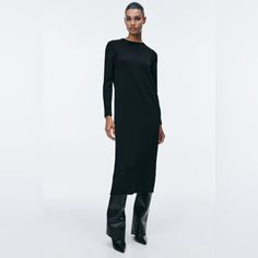 Long Dress With Round Neck And Long Sleeves. Rib Trim. Color: Black | 5536/130 New With Tags Sleek Black Maxi Dress For Fall, Chic Long Midi Dress By Zara, Black Fitted Maxi Sweater Dress, Fitted Black Maxi Sweater Dress, Casual Long Midi Dress For Evening, Black Bodycon Sweater Dress For Spring, Zara Midi Dress For Winter Workwear, Zara Black Long Sleeve Midi Dress, Zara Stretch Midi Dress For Winter