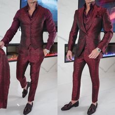 Omg 😱 How insane does this family of burgundies and rubies pair?? 🔥🔥🔥 Showcasing our latest Ruby Brillo 3 piece look. Speechless 😶 #sebastiancruzcouture #rubylook #allburgundy #uniquestyle #mensclothing #mensfashion #menswear #suitstyle #suits #rolexwatch Luxury Red Suit With Button Closure, Luxury Red Notch Lapel Suit, Red Single Breasted Suit With Long Sleeves, Burgundy Single Breasted Suit With Notch Lapel, Formal Jackets For Men, Red Single-breasted Outerwear With Suit Collar, Build A Wardrobe, Jackets For Men, Stylish Jackets