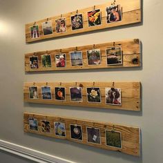 three wooden wall hangings with pictures on them in a hallway next to a door