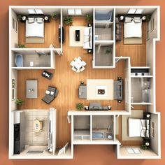 an overhead view of a two bedroom, one bath apartment with living room and kitchen