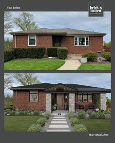 before and after photos of a brick house with grass in the front yard, walkway leading up to the front door