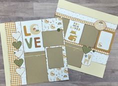 two scrapbook pages with hearts and animals on them, one is brown and the other is white