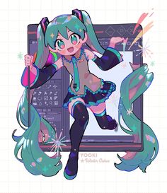 a drawing of a girl in front of a computer screen