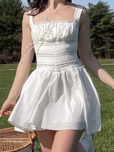 Spring Cotton Corset Dress With Square Neck, Cottagecore Square Neck Dress For Picnic, White Cottagecore Mini Dress With Square Neck, White Square Neck Mini Dress In Cottagecore Style, White Square Neck Cottagecore Mini Dress, Fitted Lace Trim Dress For Picnic, Cottagecore Mini Dress For Garden Party, Cotton Mini Dress With Lace Trim And Square Neck, White Vintage Mini Dress With Square Neck