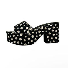 Wild Pair MELBORNEP Platform Sandals Black Daisy Women's Shoes -New with Box -Brand: Wild Pair -Color: Black Daisy -Size: 10M -Material: Synthetic -Heel Height: 4 Inch -Platform Height: 2 Inch -Memory Foam Insole for Added Comfort -Slip-Resistant Sole -Round-Toe -Made in China Retro Platform Mules For Spring, Retro Spring Platform Mules, Black Eva Flip Flops, Black Eva Platform Slippers For Beach, Black Closed Toe Sandals In Eva Material, Black High Heel Platform Slippers For Vacation, Black Casual Platform Slippers For Spring, Casual Black Platform Slippers For Spring, Black High Heel Platform Slippers For Summer