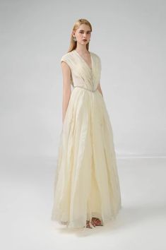 Hadassah Ball Gown V-Neck Organza Floor Length Dress | MEAN BLVD Beige Gown, Luxurious Dress, Luxurious Dresses, Fluffy Skirt, Knitwear Outfit, Happy Clothes, Mean Blvd, Floor Length Dress, Stunning Gowns