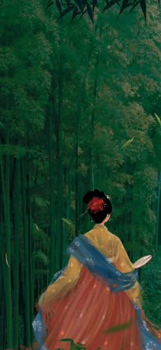 a painting of a woman in a red dress sitting on a bench next to bamboo trees