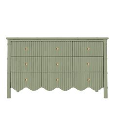 a green dresser with gold knobs on the top and bottom drawers, against a white background