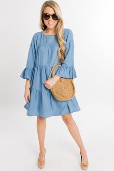 Tiered Chambray Dress :: NEW ARRIVALS :: The Blue Door Boutique Light Wash Chambray Denim Dress, Light Wash Chambray Dress For Day Out, Light Wash Chambray Denim Dress For Day Out, Spring Chambray Denim Dress In Medium Wash, Chambray Dress With Relaxed Fit For Day Out, Spring Medium Wash Chambray Denim Dress, Casual Light Wash Mini Dress For Spring, Light Blue Denim Dress For Spring Day Out, Light Blue Denim Dress For Day Out In Spring