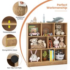 a wooden shelf filled with stuffed animals and other things on it's sides, along with the words perfect workmanship written below