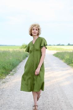 Moss Green Color, Frill Sleeves, Linen Short, Shell Buttons, Organic Linens, Linen Dresses, Striped Linen, Moss Green, Matching Dresses