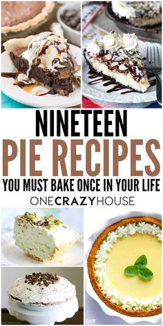 nine different pies with text overlay that reads nineteen pie recipes you must bake once in your life one crazy house