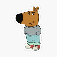 a cartoon dog wearing a sweater and jeans sticker on a white background with the words,