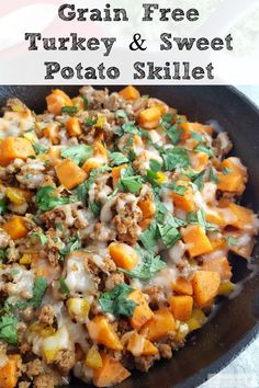 a skillet filled with ground beef and sweet potato skillet is ready to be eaten