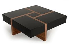 a black coffee table with wooden accents on it's sides and an open end