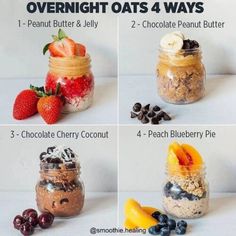 four different types of overnight oats in jars